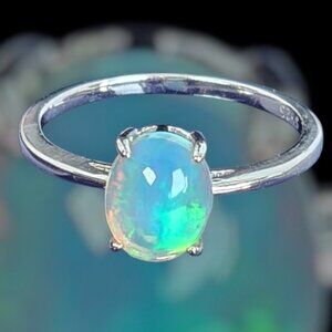 925 Sterling Silver Ring with Natural White Opal 7x9mm